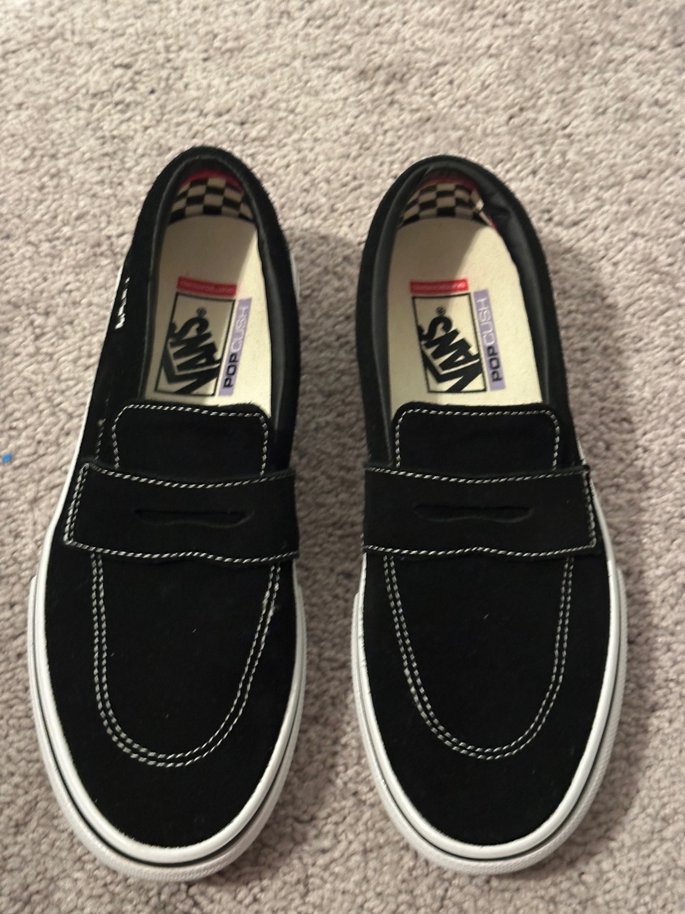 Vans Black Suede Slip-On Penny Loafer Style White Stitching Women’s 10 Men’s 8